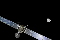 Artist impression of ESA's Rosetta approaching the comet 67P/Churyumov-Gerasimenko. The comet image was taken on August 2, 2014 by the spacecraft's navigation camera at a distance of about 500 km. The spacecraft and comet are not to scale.