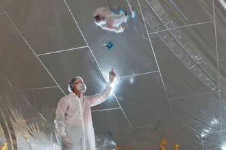 An engineer in a cleanroom looks at one of the sunshield layers that shows a grid pattern of 'rip-stops.'