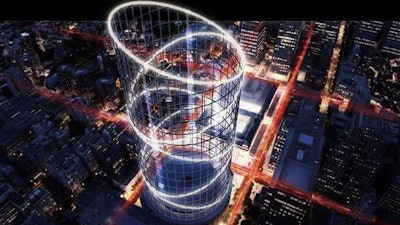 In this undated artist's rendering provided by AESuperlab, a birds-eye view of the proposed Halo thrill ride for the top of New York's Penn Station is shown. A development team has proposed a novel plan to build a 1,200-foot thrill ride on top of Penn Station and pay for renovations by charging $35 a ticket.