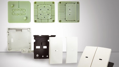 The 3D printed molds (in green) are produced using Digital ABS plastic; the resulting parts assembly is seen below.