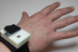This is an early prototype of the wristband used in the Health and Environmental Tracker (HET), an integrated, wearable system that monitors a user's environment, heart rate and other physical attributes with the goal of predicting and preventing asthma attacks.