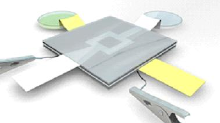 The device allows flow of the streams of Shewanella Oneidensis MR-1 (yellow) and the Potassium Ferricyanide (white) into the chambers. Proton exchange membrane is placed between the two chambers to separate the two liquids as well as allow the positively charged ions released in the biocatalytic breakdown of the anolyte to flow from the anode to the cathode.