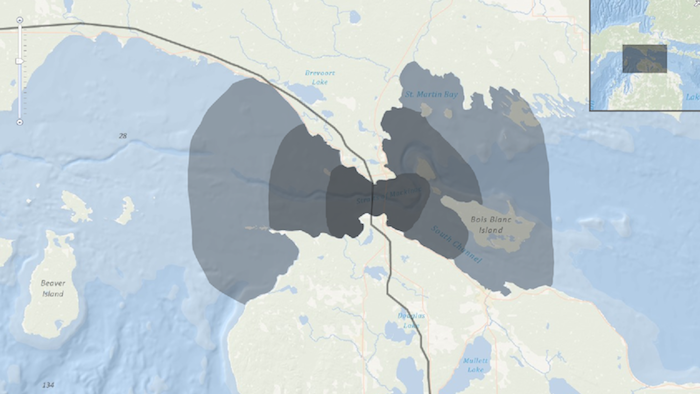 This map produced by the National Wildlife Federation estimates the extent to which oil might flow from a pipeline rupture beneath the Straits of Mackinac.