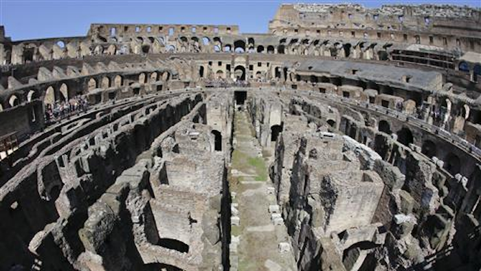 A view of the inside of the Colosseum after the first stage of the restoration work was completed in Rome, Friday, July 1st, 2016. The Colosseum has emerged more imposing than ever after its most extensive restoration, a multi-million-euro cleaning to remove a dreary, undignified patina of soot and grime from the ancient arena, assailed by pollution in traffic-clogged Rome.