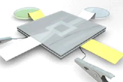 The device allows flow of the streams of Shewanella Oneidensis MR-1 (yellow) and the Potassium Ferricyanide (white) into the chambers. Proton exchange membrane is placed between the two chambers to separate the two liquids as well as allow the positively charged ions released in the biocatalytic breakdown of the anolyte to flow from the anode to the cathode.