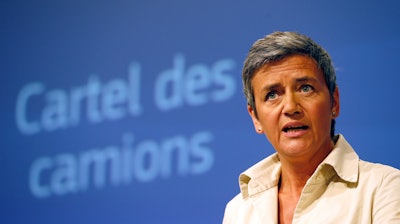 EU Antitrust Commissioner Margrethe Vestager addresses the media at EU Commission headquarters in Brussels, Belgium. The European Union has slapped its biggest ever cartel fine, worth $3.24 billion, on a half-dozen of Europe's top truck producers for colluding to keep prices artificially high at the expense of consumers.
