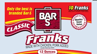 This photo provided by the U.S. Department of Agriculture shows Bar-S classic franks made with chicken and pork. More than 372,000 pounds of hot dogs and corn dogs made earlier this month were recalled over concerns of listeria contamination at the company.