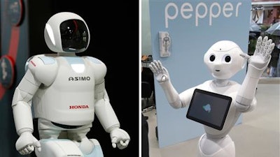 This combination of file photos taken on July 3, 2013, left, and June 6, 2014 both in Tokyo shows Japanese automaker Honda Motor Co.’s walking robot Asimo, left, and Japanese internet company SoftBank's humanoid robot Pepper.