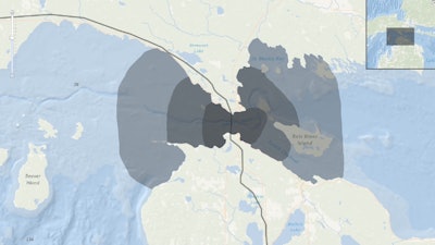 This map produced by the National Wildlife Federation estimates the extent to which oil might flow from a pipeline rupture beneath the Straits of Mackinac.