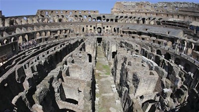 A view of the inside of the Colosseum after the first stage of the restoration work was completed in Rome, Friday, July 1st, 2016. The Colosseum has emerged more imposing than ever after its most extensive restoration, a multi-million-euro cleaning to remove a dreary, undignified patina of soot and grime from the ancient arena, assailed by pollution in traffic-clogged Rome.