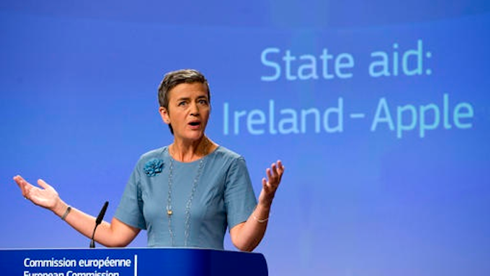 European Union Competition Commissioner Margrethe Vestager speaks during a media conference at EU headquarters in Brussels on Tuesday, Aug. 30, 2016. The European Union says Ireland has given illegal tax benefits to Apple Inc. and must now recover the unpaid back taxes from the U.S. technology company, plus interest.