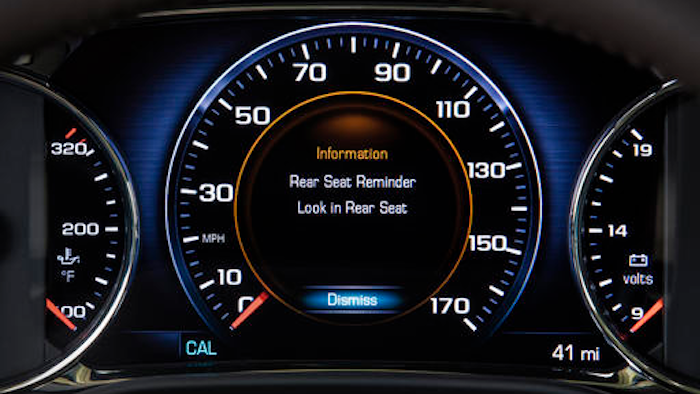 This photo provided by General Motors Co. shows an industry-first Rear Seat Reminder alert on the instrument panel of the 2017 GMC Acadia, a midsize SUV. The system, which is a standard feature, monitors the Acadia’s rear doors. If either one is opened and closed within 10 minutes before the vehicle is started, or if they are opened and closed while the vehicle is running, the Acadia alerts the driver to check the back seat when the vehicle is turned off. GM plans to add the system to additional vehicles throughout its lineup in 2017 and beyond.