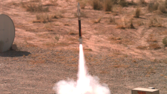 A Lockheed Martin Miniature Hit-to-Kill missile streaks skyward during a successful flight test on July 29.