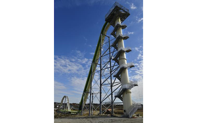 This Nov. 2013 file photo shows Schlitterbahn's new Verruckt speed slide/water coaster in Kansas City, Kan. A 12-year-old boy died Sunday, Aug. 7, 2016, on the Kansas water slide that is billed as the world's largest, according to officials. Kansas City, Kan., police spokesman Officer Cameron Morgan said the boy died at the Schlitterbahn Waterpark, which is located about 15 miles west of downtown Kansas City, Missouri. Schlitterbahn spokeswoman Winter Prosapio said the child died on one of the park's main attractions, Verruckt, a 168-foot-tall water slide that has 264 stairs leading to the top.