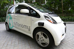 An autonomous vehicle is parked for its test drive in Singapore Wednesday, Aug. 24, 2016. The world’s first self-driving taxis, operated by nuTonomy, an autonomous vehicle software startup, will be picking up passengers in Singapore starting Thursday, Aug. 25. The service will start small - six cars now, growing to a dozen by the end of the year. The ultimate goal, say nuTonomy officials, is to have a fully self-driving taxi fleet in Singapore by 2018, which will help sharply cut the number of cars on Singapore’s congested roads.