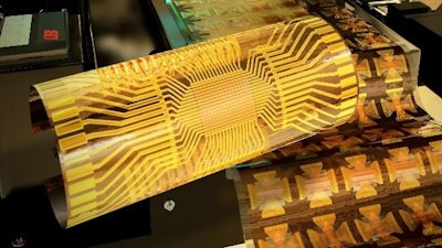 This schematic image shows the flexible silicon NAND flash memory produced by the simultaneous roll-transfer and interconnection process.