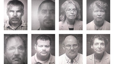This combination of undated booking photos provided by the Michigan Attorney General's Office on Friday, Aug. 19, 2016 shows current and former state employees under prosecution for their role in Flint, Mich.’s lead-contaminated water crisis. First row from left are Patrick Cook, Michael Glasgow, Corinne Miller, Nancy Peeler. Second row from left, are Michael Prysby, Adam Rosenthal, Robert Scott and Liane Shekter-Smith.