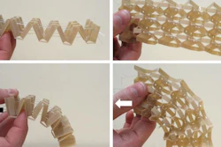 This is a demonstrator honeycomb changing shape in response to cable tension. The arrows indicate which cable is being pulled.