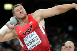 In this Aug. 23, 2015 file photo, United States' Joe Kovacs competes in the final of the men's shot put at the World Athletics Championships at the Bird's Nest stadium in Beijing. Kovacs is among those using state-of-the-art technology at the track team’s training center in California. Kovacs won the gold medal at world championships last year and is hoping to win one at the Olympics next week.