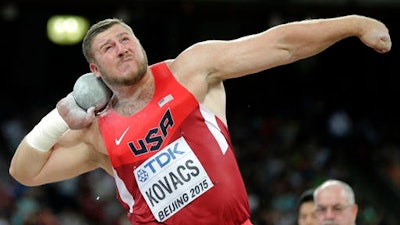 In this Aug. 23, 2015 file photo, United States' Joe Kovacs competes in the final of the men's shot put at the World Athletics Championships at the Bird's Nest stadium in Beijing. Kovacs is among those using state-of-the-art technology at the track team’s training center in California. Kovacs won the gold medal at world championships last year and is hoping to win one at the Olympics next week.