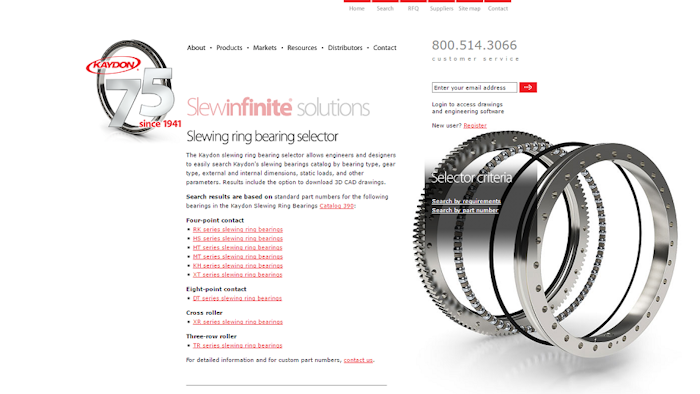 The new slewing ring bearing selector on the Kaydon Bearings website.