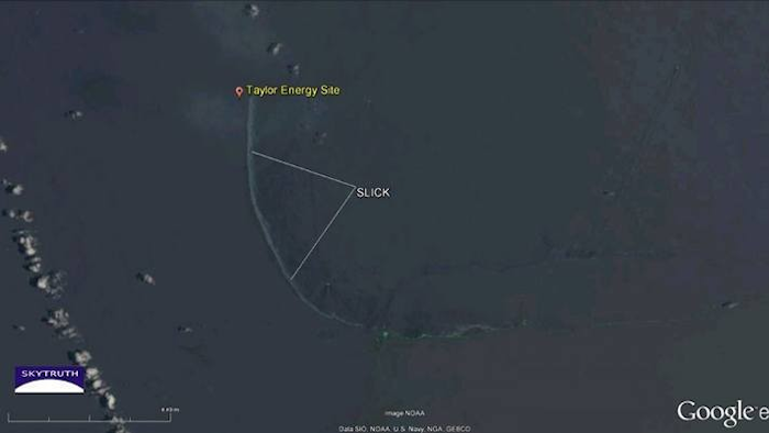 Landsat 8 image from June 21, 2014 showing the oil slick from the Taylor Energy site.
