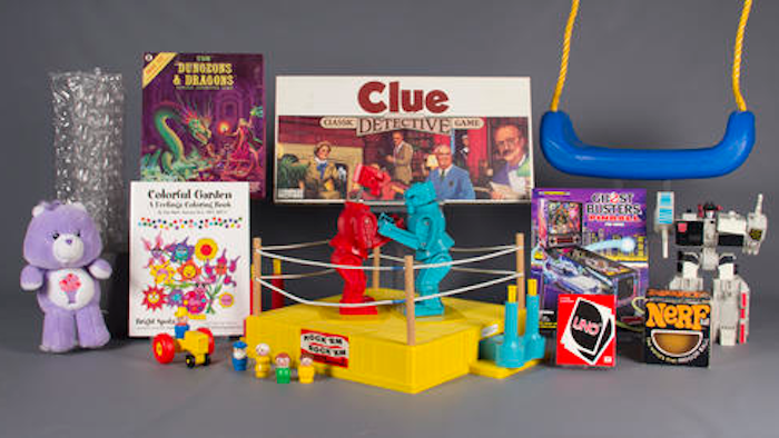 In this Aug. 10, 2016 photo provided by The Strong museum in Rochester, N.Y., are the 12 finalists for the class of 2016 for induction into the National Toy Hall of Fame: bubble wrap, Care Bears, Clue, coloring books, Dungeons & Dragons, Fisher-Price Little People, Nerf, pinball, Rock 'Em Sock 'Em Robots, swing, Transformers, and Uno. The winners will be chosen with input from a national selection committee and inducted on Nov. 10.