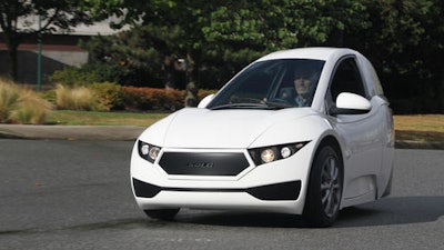 This undated photo provided by Electra Meccanica Vehicles Corp. shows the Solo, a one-seater made by the Vancouver, Canada-based company. The three-wheeled electric car could soon go on sale in the U.S. and Canada.