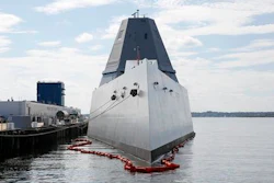The USS Zumwalt sits at dock at the naval station in Newport, R.I., Friday, Sept. 9, 2016. The 610-foot-long warship has an angular shape to minimize its radar signature and cost more than $4.4 billion. It's the most expensive destroyer built for the Navy.