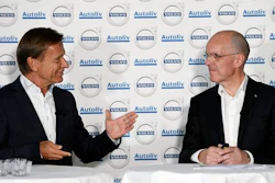 Hakan Samuelsson, left, MD Volvo Cars Group, and Jan Carlson, MD Autoliv, speak during a press conference in Stockholm, Sweden, Tuesday Sept. 6, 2016. Chinese-owned Volvo Cars and Sweden-based automotive safety group Autoliv say they are creating a jointly-owned company to develop autonomous driving software for Volvo cars.