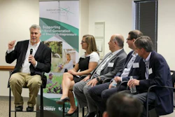 Mark Johnson, Johanna Wolfson, Moe Khaleel, Thomas McDonald and Charlie Brock participate in a panel discussion about Innovation Crossroads, a new accelerator for clean energy entrepreneurs at Oak Ridge National Laboratory.