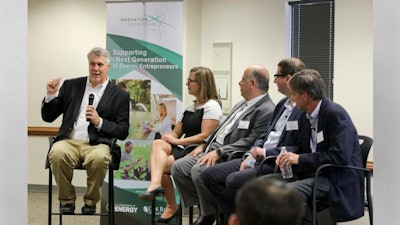 Mark Johnson, Johanna Wolfson, Moe Khaleel, Thomas McDonald and Charlie Brock participate in a panel discussion about Innovation Crossroads, a new accelerator for clean energy entrepreneurs at Oak Ridge National Laboratory.