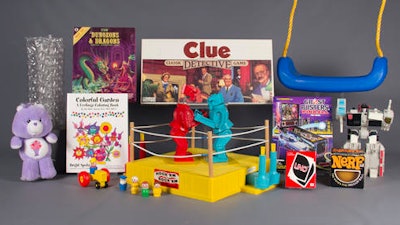 In this Aug. 10, 2016 photo provided by The Strong museum in Rochester, N.Y., are the 12 finalists for the class of 2016 for induction into the National Toy Hall of Fame: bubble wrap, Care Bears, Clue, coloring books, Dungeons & Dragons, Fisher-Price Little People, Nerf, pinball, Rock 'Em Sock 'Em Robots, swing, Transformers, and Uno. The winners will be chosen with input from a national selection committee and inducted on Nov. 10.
