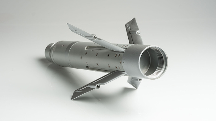 With a mid-body guidance section that fits between the motor and the warhead, the APKWS transforms a standard unguided munition into a highly accurate precision laser-guided rocket.