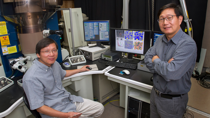 Brookhaven physicist Qiang Li (right) and materials scientist Lijun Wu in an electron microscopy lab in the Condensed Matter Physics and Materials Science Department at Brookhaven Lab.