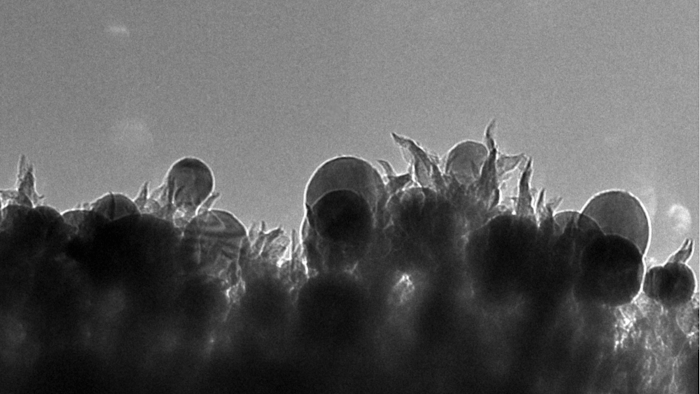 ORNL researchers developed a catalyst made of copper nanoparticles (seen as spheres) embedded in carbon nanospikes that can convert carbon dioxide into ethanol.