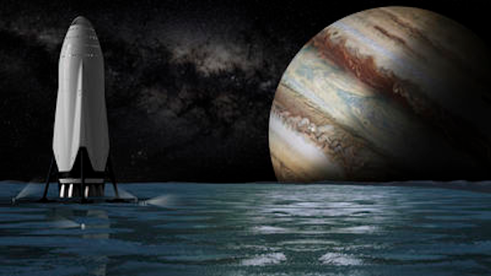 This artist's rendering provided by SpaceX on Tuesday, Sept 27, 2016 shows the company's proposed Interplanetary Transport System passenger module on the surface a moon orbiting the planet Jupiter. For the past decade, Elon Musk has borrowed from science fiction and fantasy when naming his rockets, engines, capsules and other space doodads. For his first passenger ship, he is leaning toward the name 'Heart of Gold,' the starship in the novel 'The Hitchhiker's Guide to the Galaxy.'