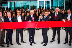 Cutting the ribbon at the new ABB Senatobia, Miss., facility are: (l to r) Tim Climer, Tate County Economic Development; Micky Mulligan, Mississippi Development Authority; Ben Buley, ABB; Mississippi Governor Phil Bryant; Giampiero Frisio, ABB; Franklin Sullivan, ABB; Michele Putignano, ABB.