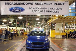 In this hand out photo supplied by Ford Motor Co. Australia, the world's last six-cylinder, rear-wheel drive Falcon XR6 rolls off the assembly line at Ford Motor's Broadmeadows plant in Melbourne, Australia, Friday, Oct 7, 2016. Ford ended 91 years of car manufacturing in Australia with 600 employees loosing their jobs. The remaining two Australian car makers due to close their doors next year.