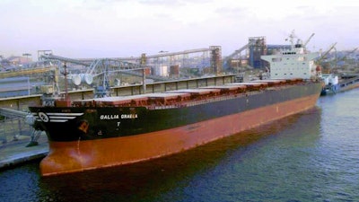 This undated U.S. Coast Guard photo, introduced as evidence in the trial against its owners in a pollution case, shows the cargo ship Gallia Graeca in Seattle. U.S. Coast Guard Petty Officer Daniel Hamilton, not shown, said he found 'red flags' when he inspected the ship as it arrived in Seattle in October 2015.