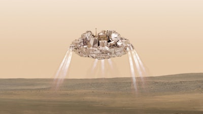This artist impression provided by the European Space Agency shows the Schiaparelli module firing its landing thrusters as it approaches the surface of Mars.