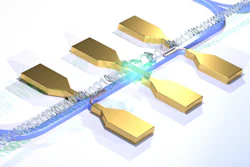 This image shows a carbon tube (center) as a photon source and superconducting nanowires as receivers constitute part of the optical chip.