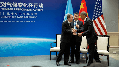 President Barack Obama, President Xi Jinping of China and United Nations Secretary General Ban ki-Moon exchange greetings at the conclusion of a climate event at West Lake State House in Hangzhou, China, Sept. 3, 2016.