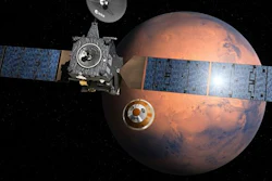 Artist’s impression provided by the European Space Agency, ESA, depicting the separation of the ExoMars 2016 entry, descent and landing demonstrator module, named Schiaparelli, center, from the Trace Gas Orbiter, TGO, left, and heading for Mars.