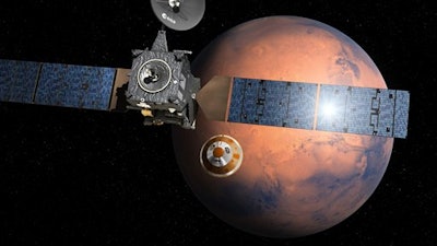 Artist’s impression provided by the European Space Agency, ESA, depicting the separation of the ExoMars 2016 entry, descent and landing demonstrator module, named Schiaparelli, center, from the Trace Gas Orbiter, TGO, left, and heading for Mars.