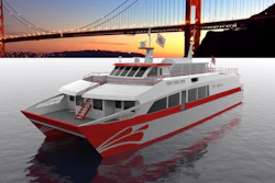 An artistic rendering of the proposed San Francisco Bay Renewable Energy Electric Vessel with Zero Emissions (SF-BREEZE). A Sandia National Laboratories-led study found that a high-speed, hydrogen-fueled passenger ferry is feasible.