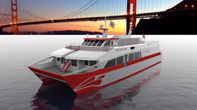 An artistic rendering of the proposed San Francisco Bay Renewable Energy Electric Vessel with Zero Emissions (SF-BREEZE). A Sandia National Laboratories-led study found that a high-speed, hydrogen-fueled passenger ferry is feasible.