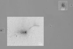 This Oct. 25, 2016 image annotated and provided by NASA shows the area where the European Space Agency's Schiaparelli test lander reached the surface of Mars, with magnified insets of three sites where components of the spacecraft hit the ground. The image was captured by NASA's Mars Reconnaissance Orbiter. ESA lost communication with Schiaparelli shortly before the probe was supposed to touch down on Oct. 19.