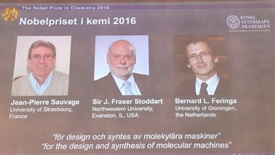 The Royal Academy of Sciences members reveal the winners of the Nobel Prize in Chemistry, at the Royal Swedish Academy of Sciences, in Stockholm, Sweden, Wednesday, Oct. 5, 2016. Jean-Pierre Sauvage, Fraser Stoddart and Bernard Feringa have been awarded the Nobel chemistry prize.