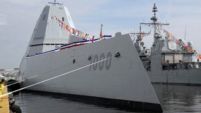 This Oct. 13, 2016 photo shows the U.S. Navy's newest guided-missile destroyer, the future USS Zumwalt, docked in Baltimore. The destroyer's commissioning ceremony is set for Oct. 15 during the inaugural Maryland Fleet Week.